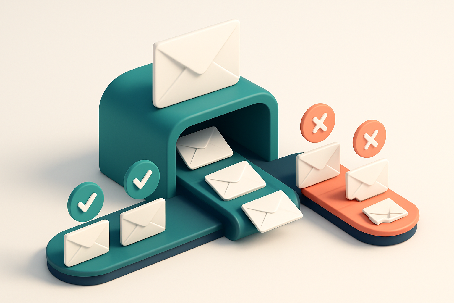 A 3D isometric illustration of a large digital email inbox with envelopes splitting into two paths: one green conveyor b
