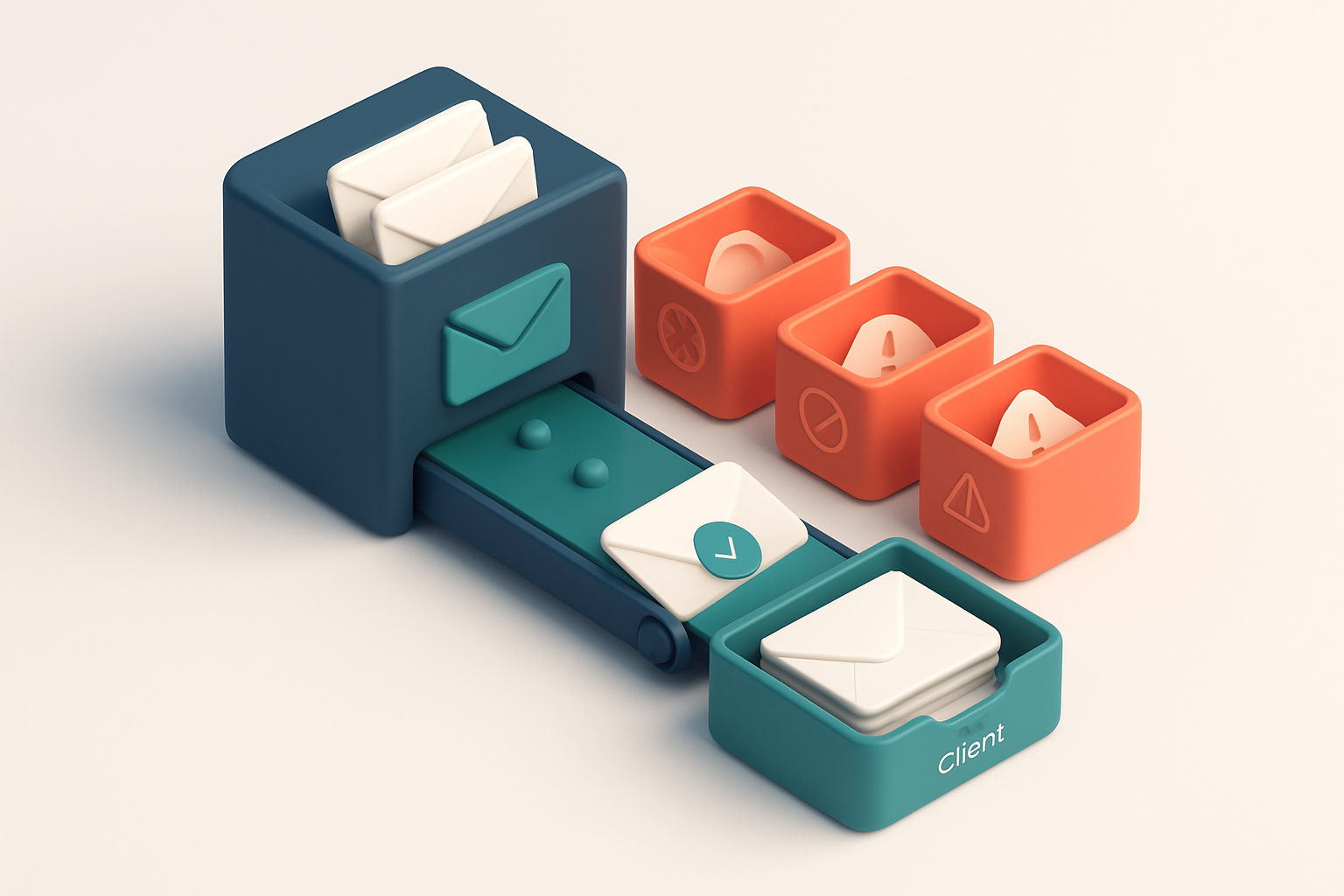 An isometric email inbox with envelopes labeled 'invalid,' 'catch-all,' and 'risky' being sorted into red bins, while ve