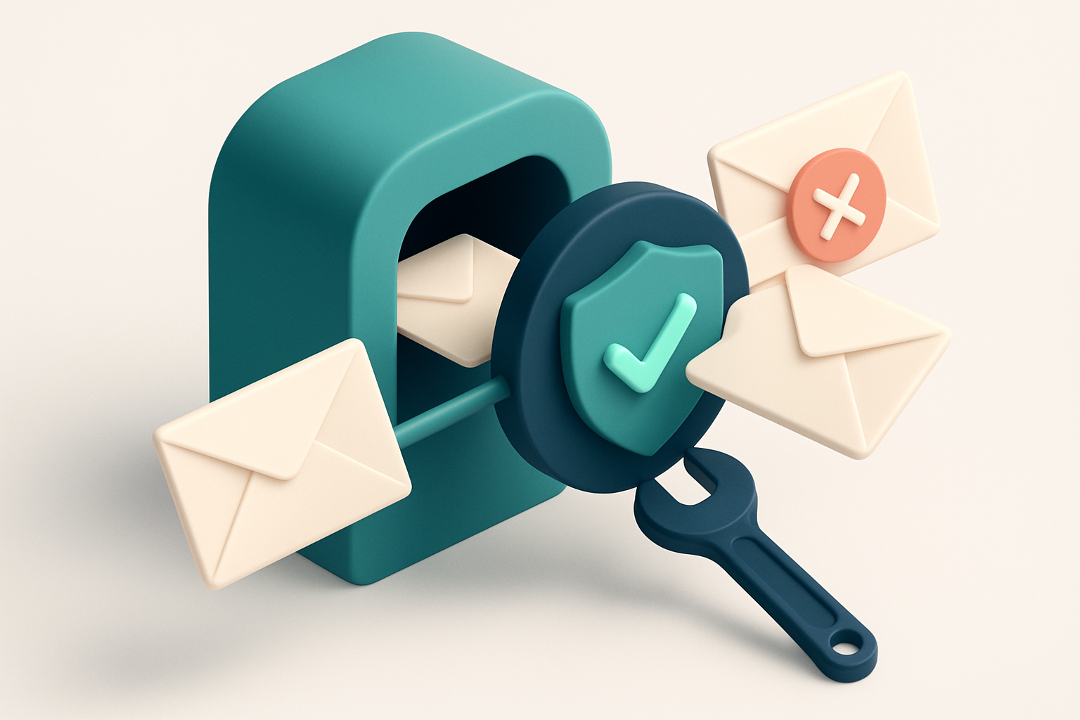 An isometric view of a digital mailbox with incoming emails passing through a rotating verification shield; one envelope