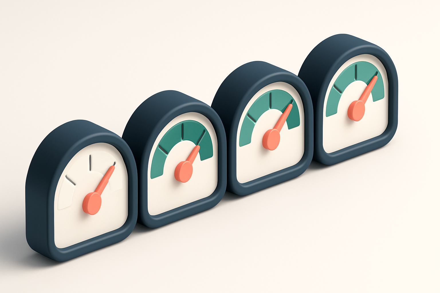 A row of four identical gauges, each with a different level of fill, symbolizing validation confidence levels
