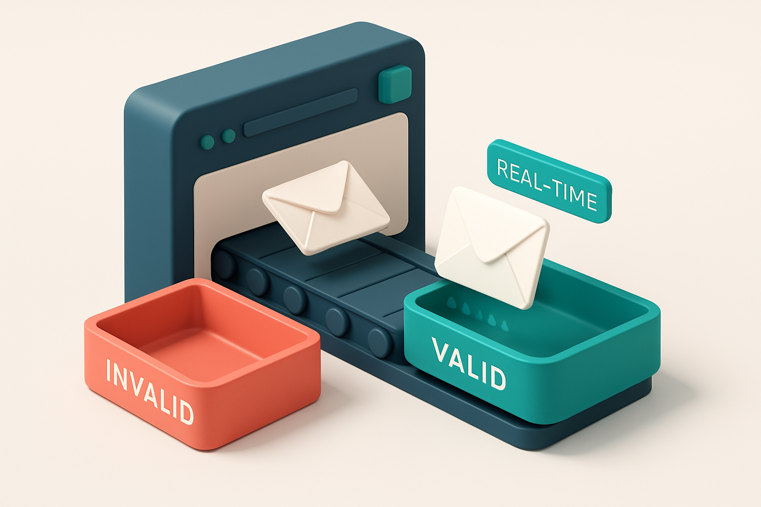An isometric dashboard with a green 'Valid' tray and a red 'Invalid' tray; envelopes with labels like 'John@fitclub.com'