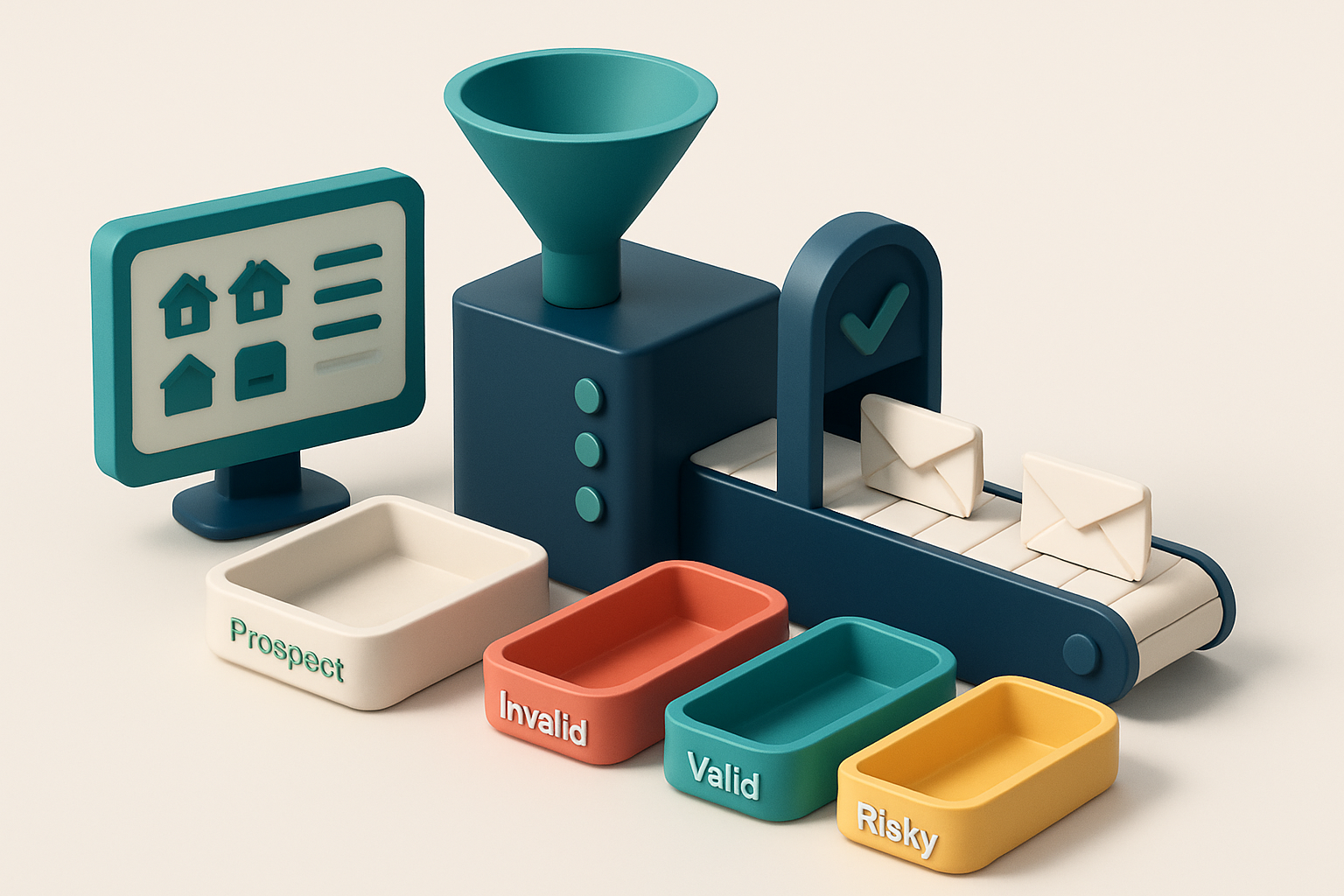 An isometric illustration of a real estate CRM dashboard with a funnel feeding into a verification engine: leads flow fr