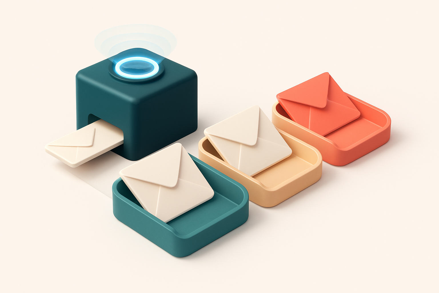 An isometric email inbox with envelopes labeled 'valid', 'risky', and 'invalid' being sorted onto green, yellow, and red