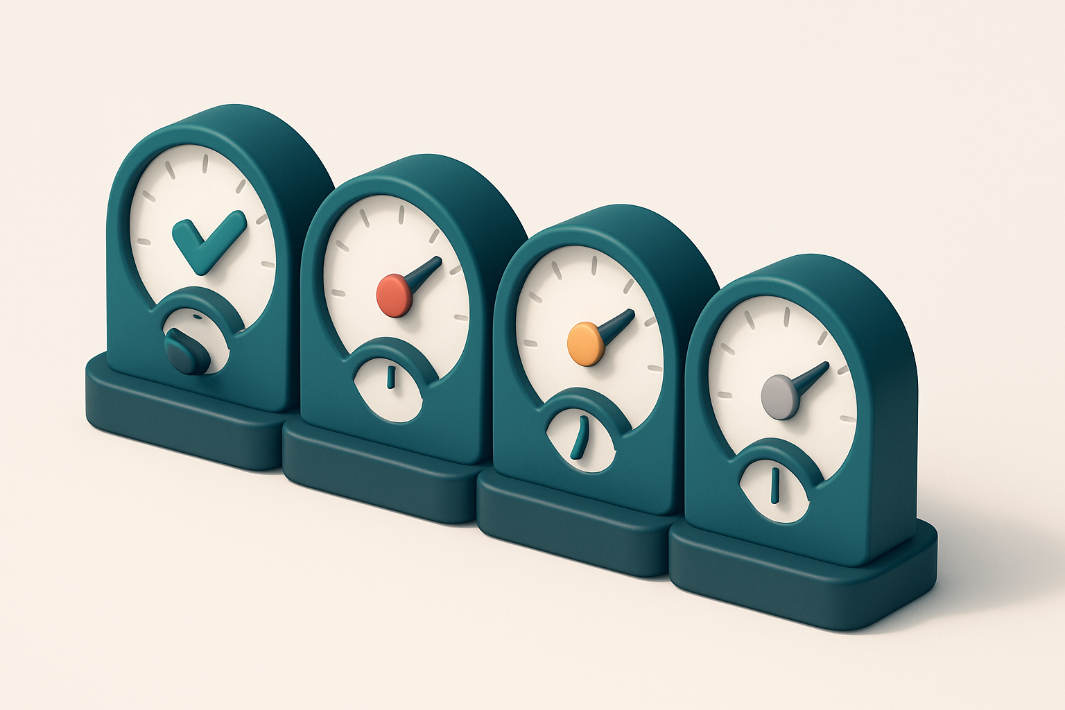 a row of four gauges, each showing different validation statuses: green (valid), red (invalid), orange (risky), grey (ca