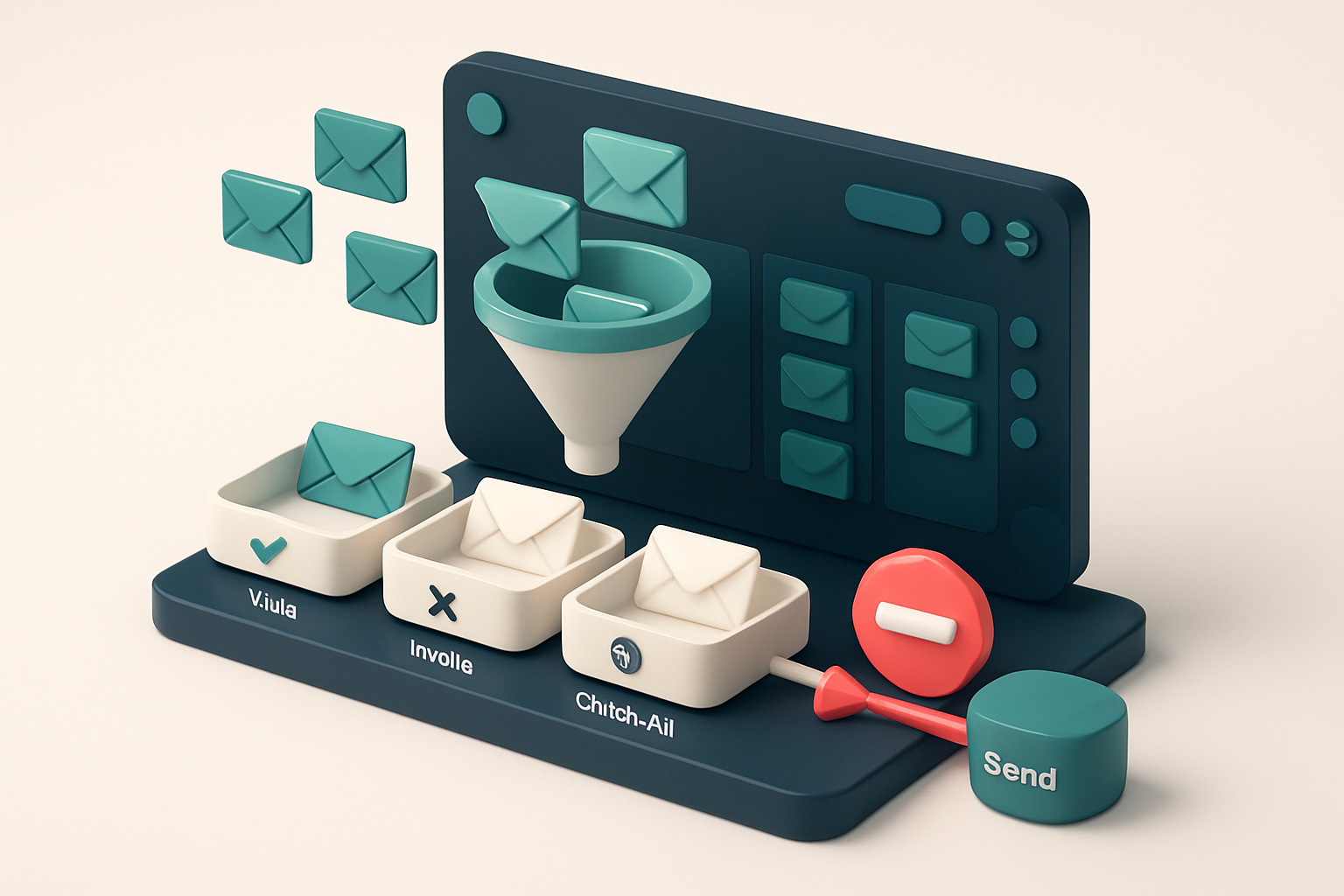 An isometric view of a Pipedrive CRM dashboard with multiple leads flowing into a central verification funnel; envelopes
