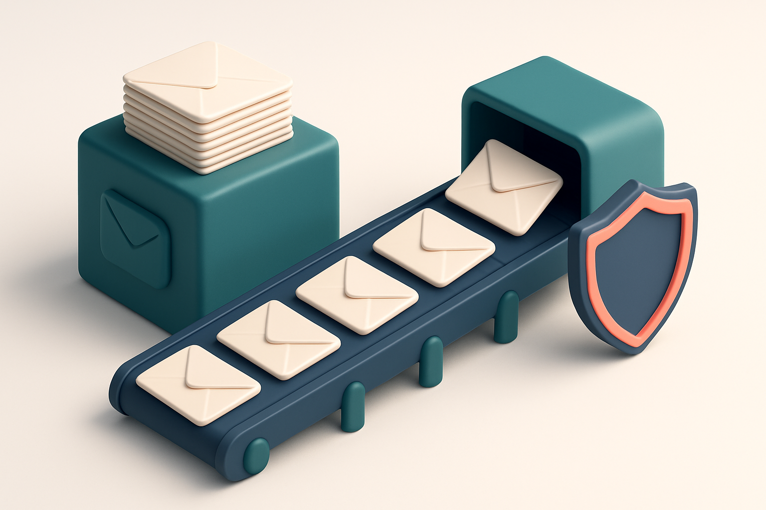 An isometric inbox with envelopes flowing down a conveyor belt from a large email list pile, each envelope labeled with