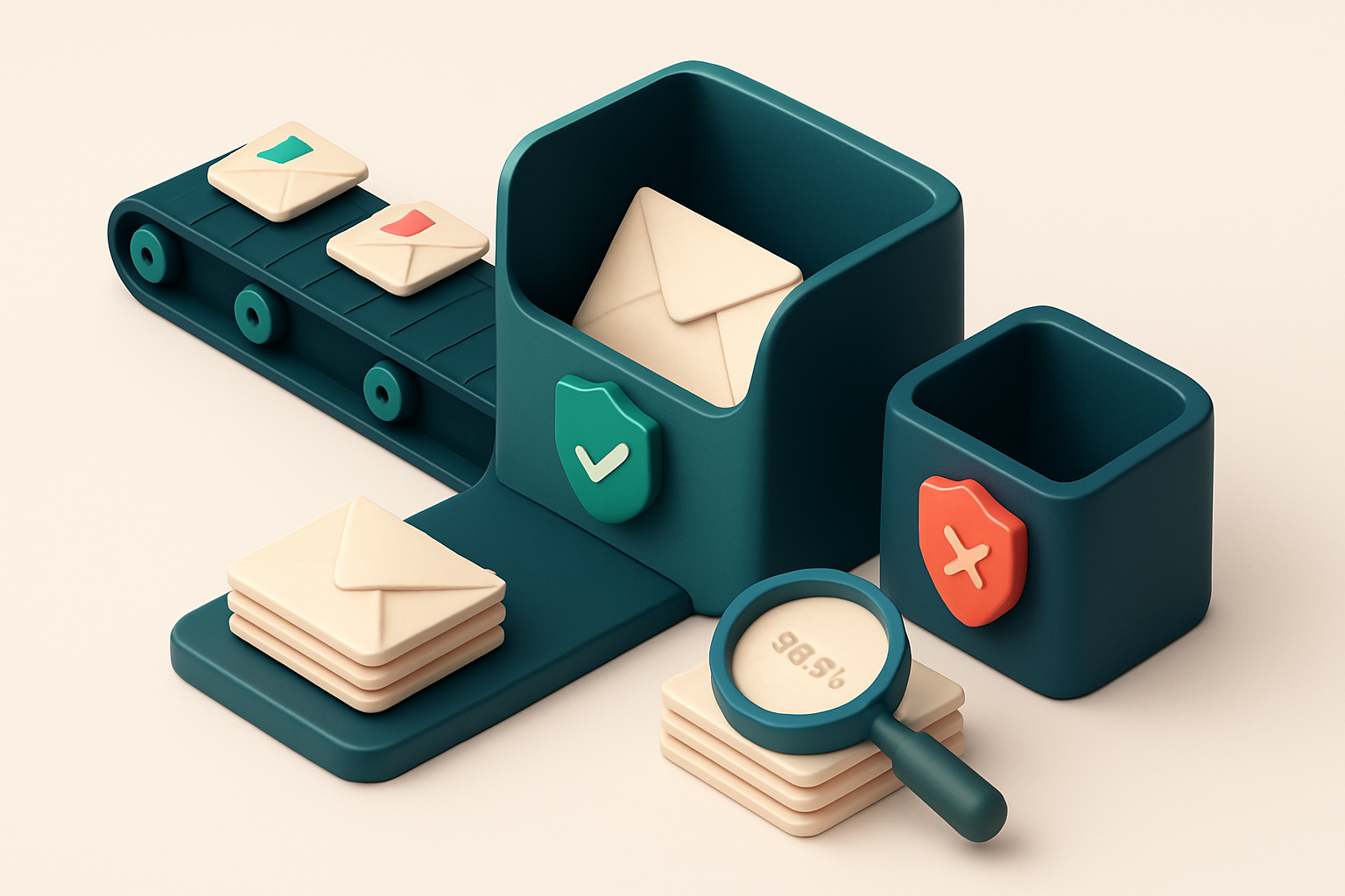Hero: an isometric email inbox with a conveyor belt feeding in envelopes labeled 'valid', 'invalid', 'risky', and 'dispo