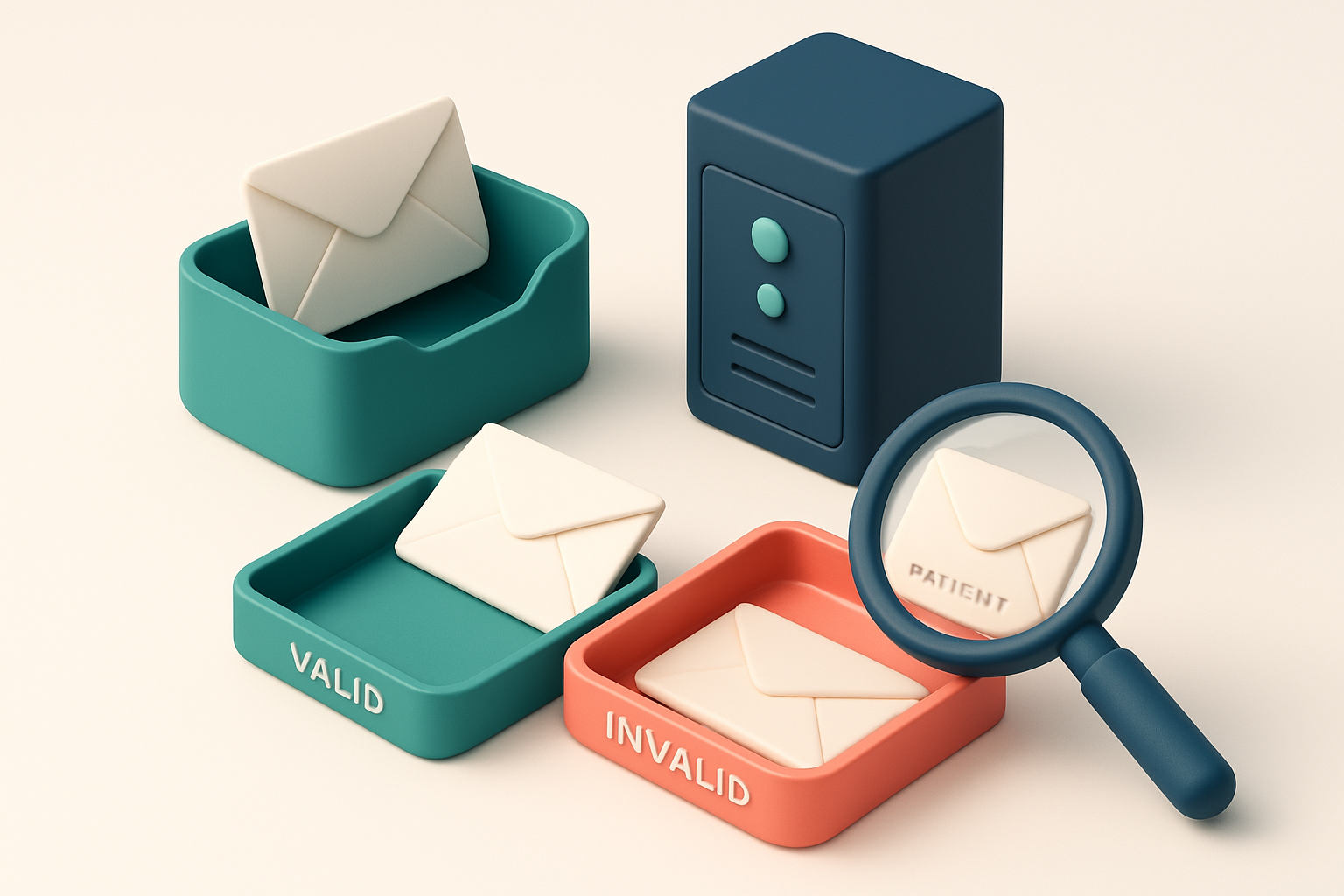 An isometric email inbox with envelopes being sorted onto a green 'valid' tray and a red 'invalid' tray, a server tower
