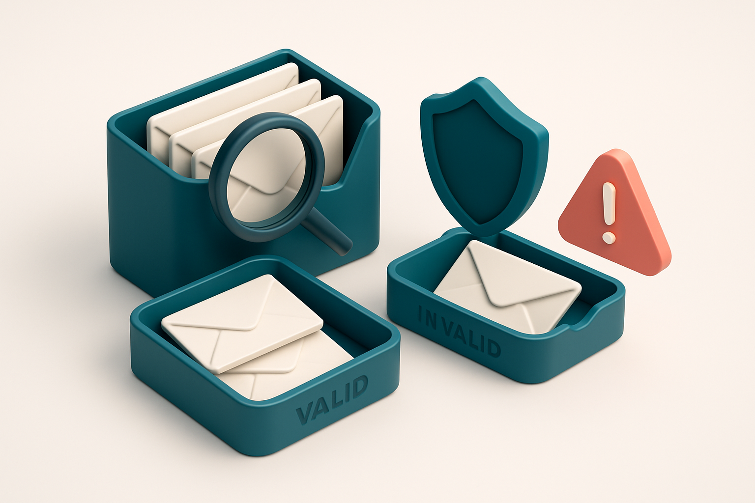 An isometric email inbox with envelopes being sorted onto a green 'valid' tray and a red 'invalid' tray, a magnifying gl