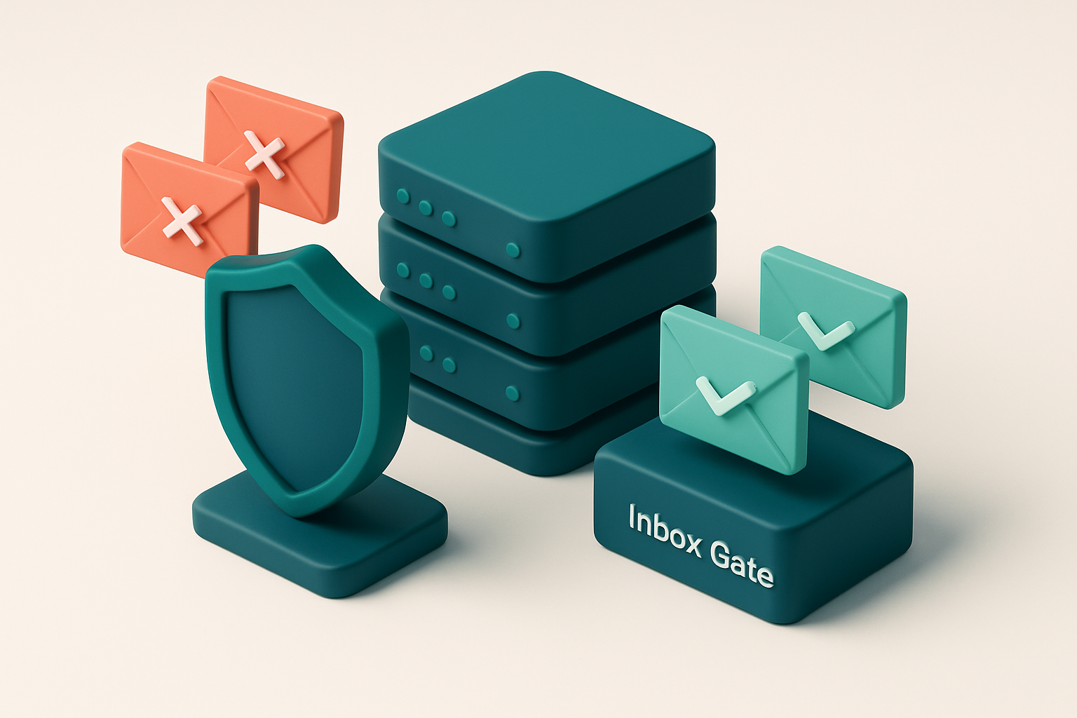 An isometric email server stack with red 'invalid' and 'catch-all' envelopes being rejected by a shield labeled 'Reputat