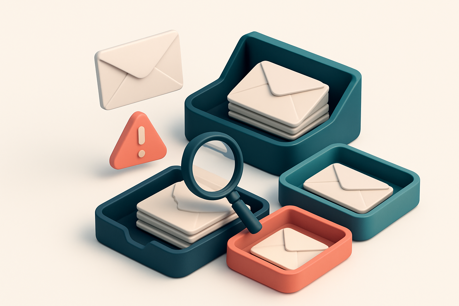 An isometric email inbox with envelopes being sorted onto a green 'valid' tray and a red 'invalid' tray, a magnifying gl