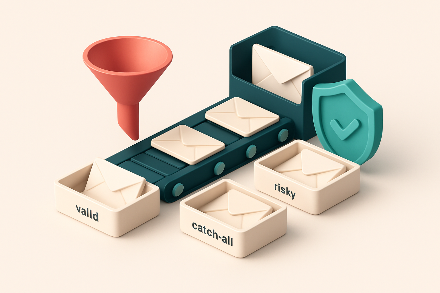 An isometric email inbox with envelopes labeled 'valid', 'risky', 'catch-all', and 'invalid' being sorted into separate