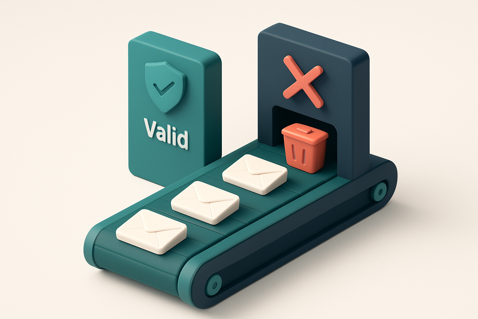 An isometric illustration of a green conveyor belt carrying email envelopes through two labeled gates: one marked 'Valid