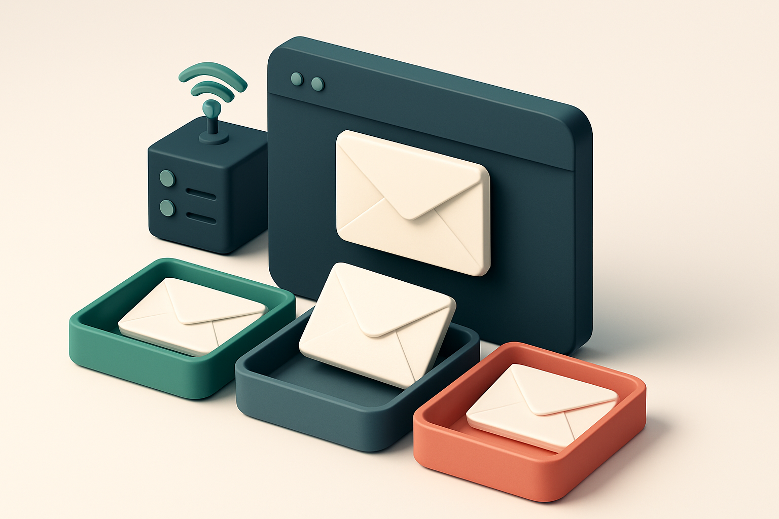 An isometric email inbox with envelopes being sorted onto a green 'valid' tray and a red 'invalid' tray, a gray 'catch-a