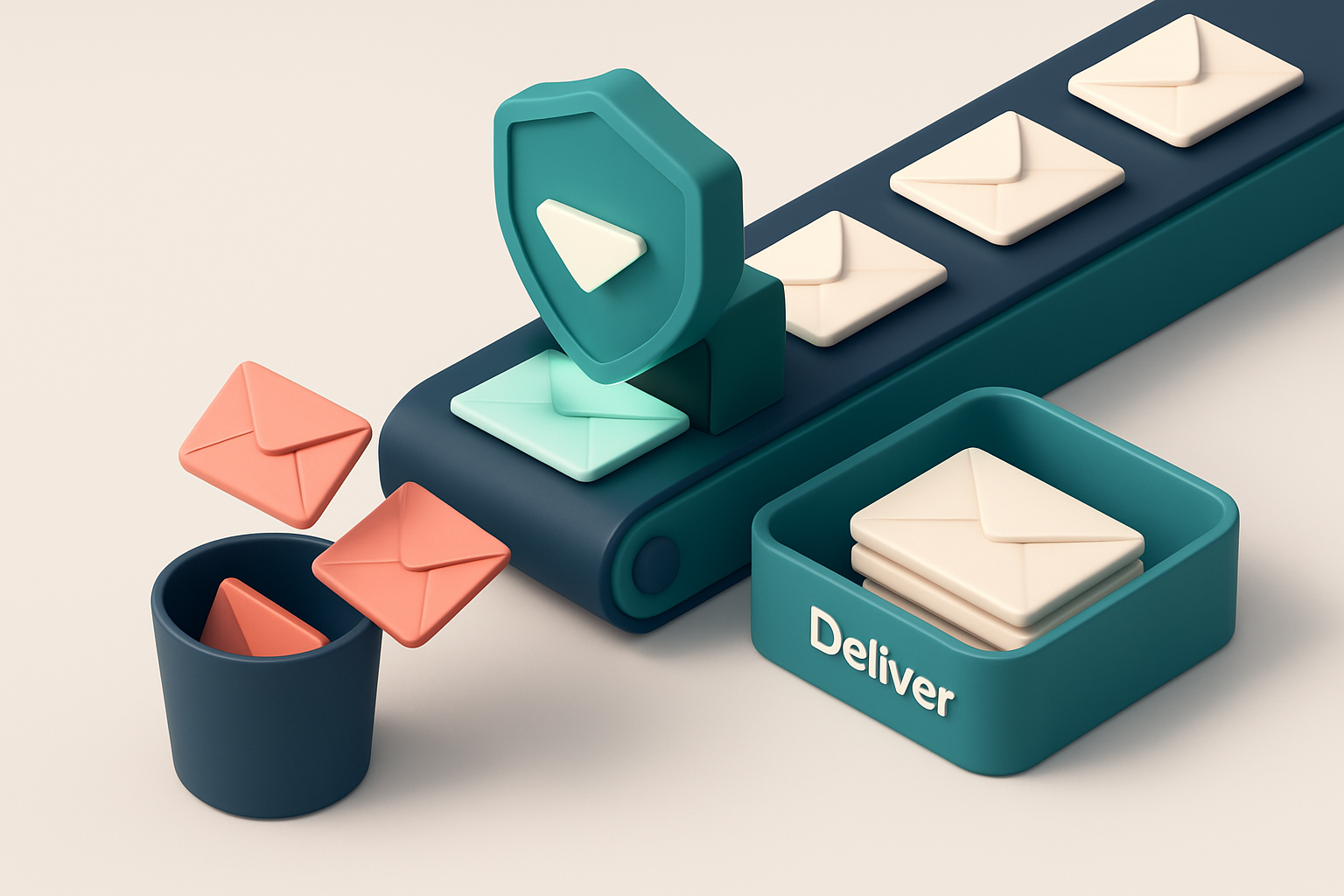 An isometric email inbox with envelopes stacked on a conveyor belt, some being scanned by a shield-shaped validator that