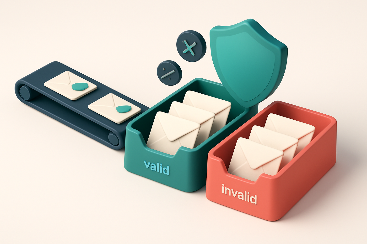 An isometric inbox with envelopes sorted into a green 'valid' tray and a red 'invalid' tray; a conveyor belt feeds new e