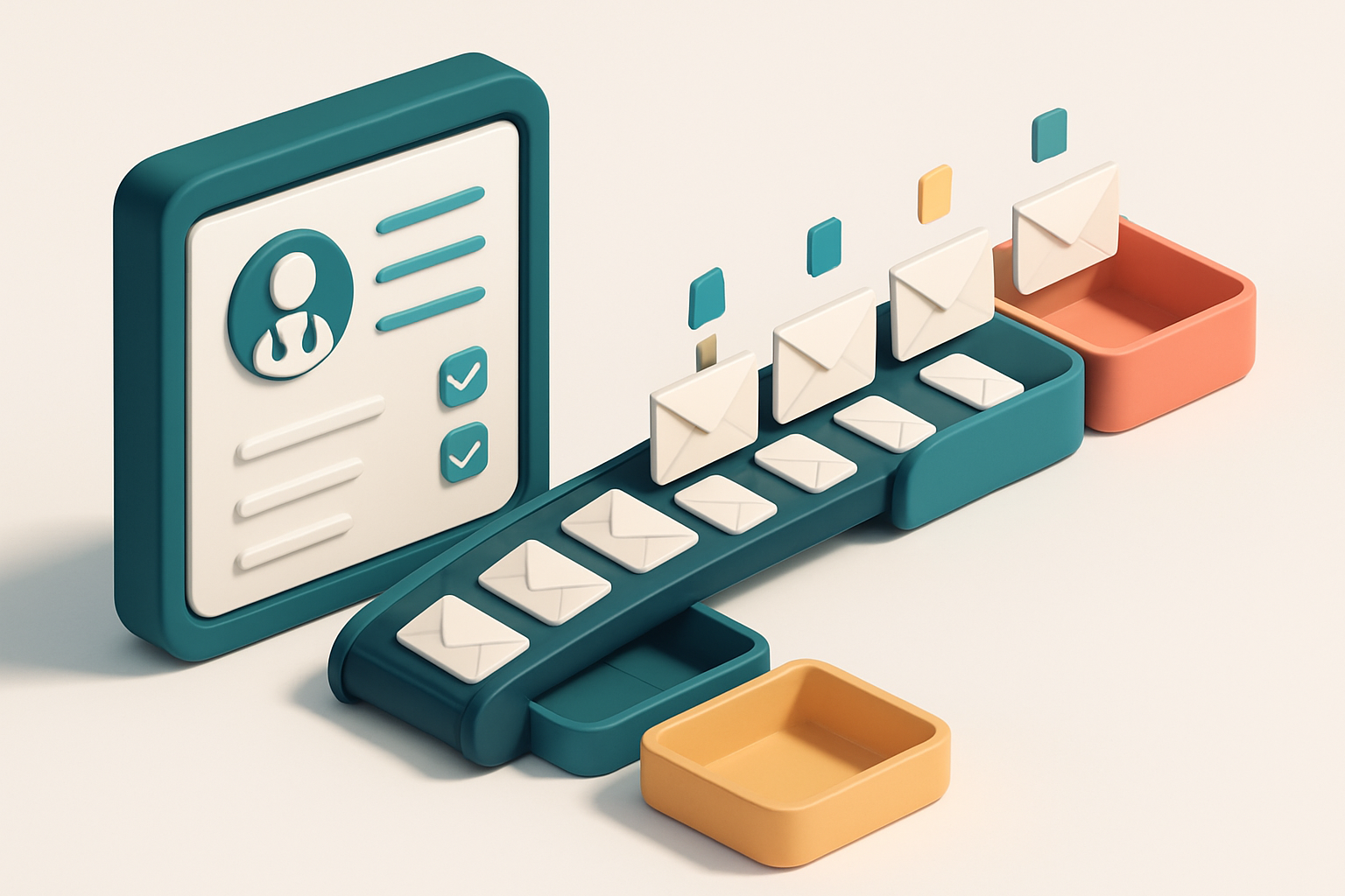 An isometric medical staffing dashboard with a conveyor belt moving envelopes labeled 'valid', 'risky', 'invalid', and '