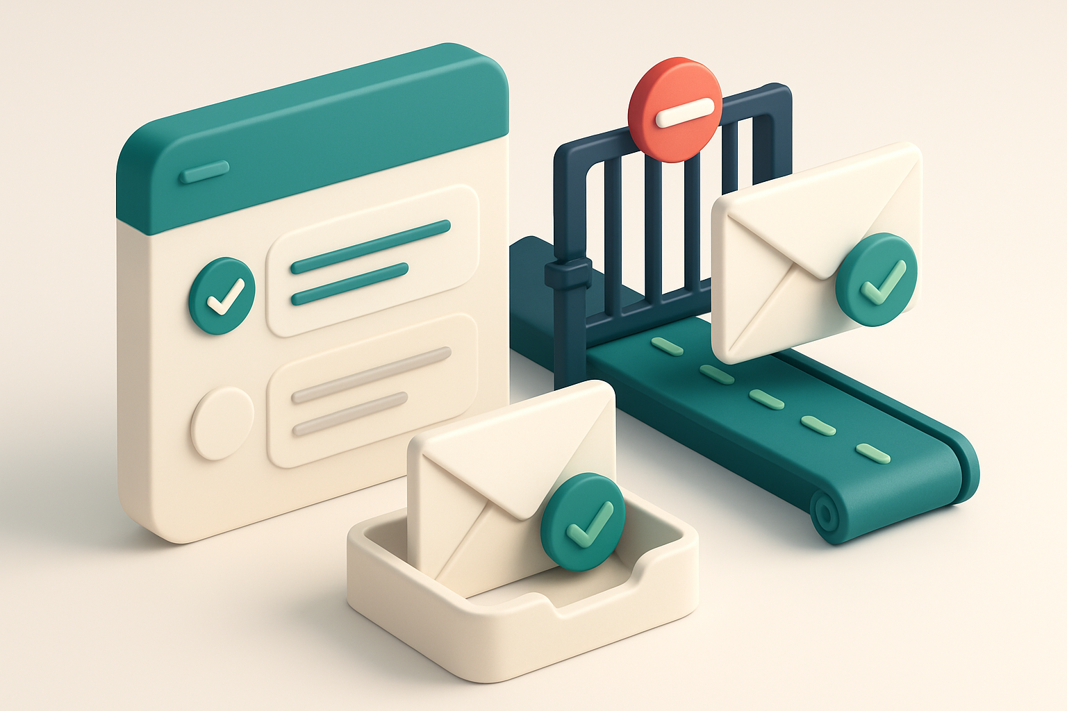 An isometric illustration of a digital booking system interface with green checks and red alerts: an incoming guest emai