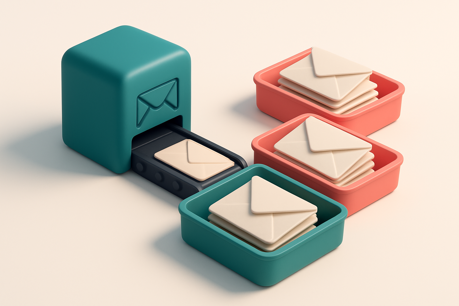 an isometric email inbox with envelopes sorted into three piles: a green 'valid' tray, a red 'invalid' tray, and a yello