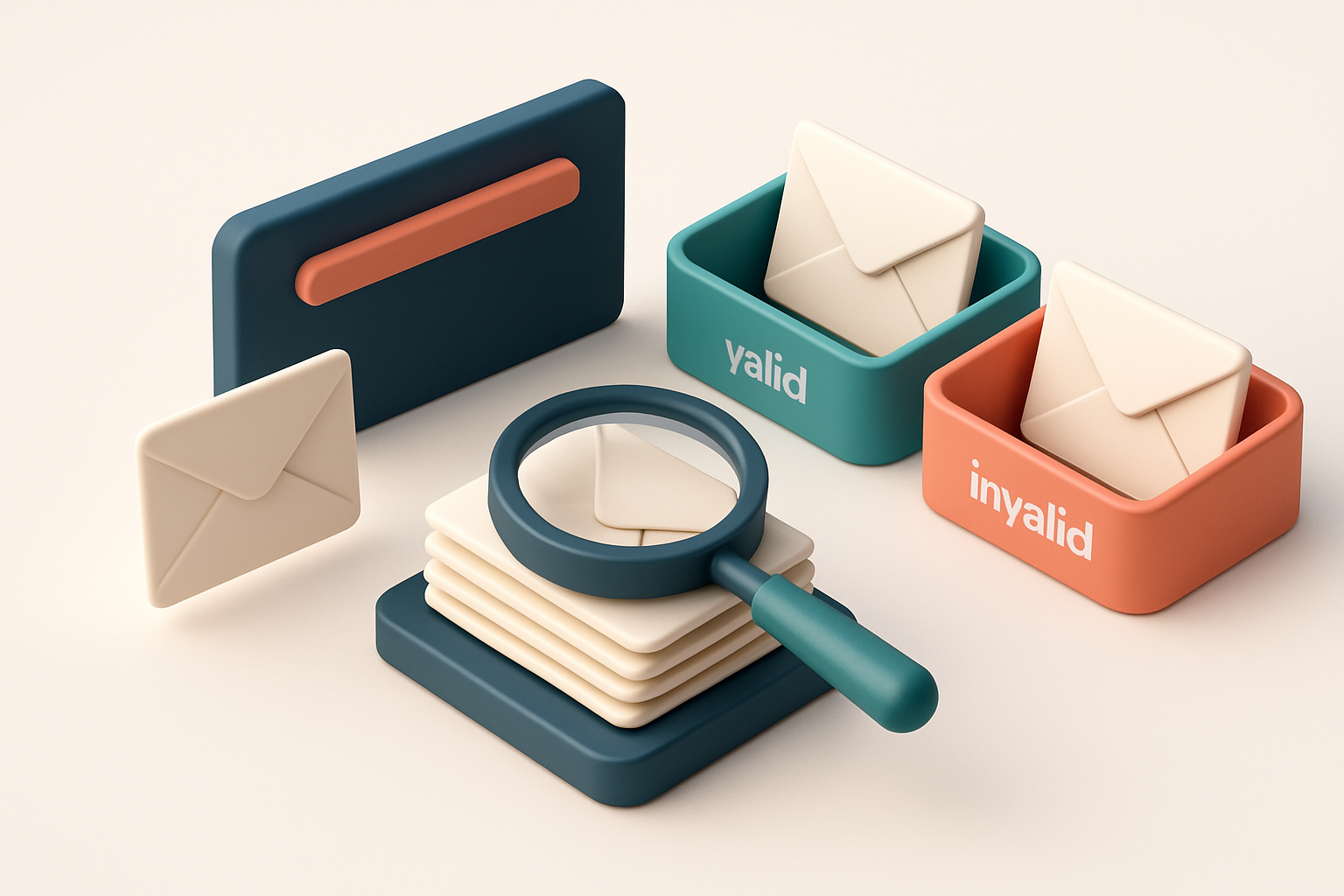 an isometric email inbox with envelopes being sorted onto a green 'valid' tray and a red 'invalid' tray, a magnifying gl