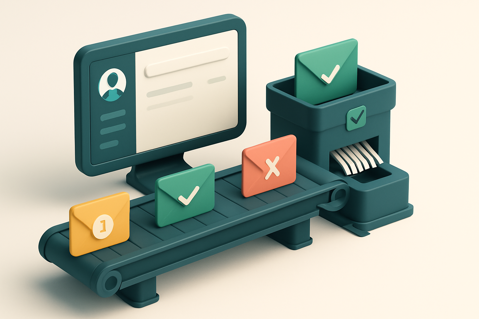 Hero: an isometric view of a medical clinic dashboard with a conveyor belt carrying patient email envelopes; green 'vali