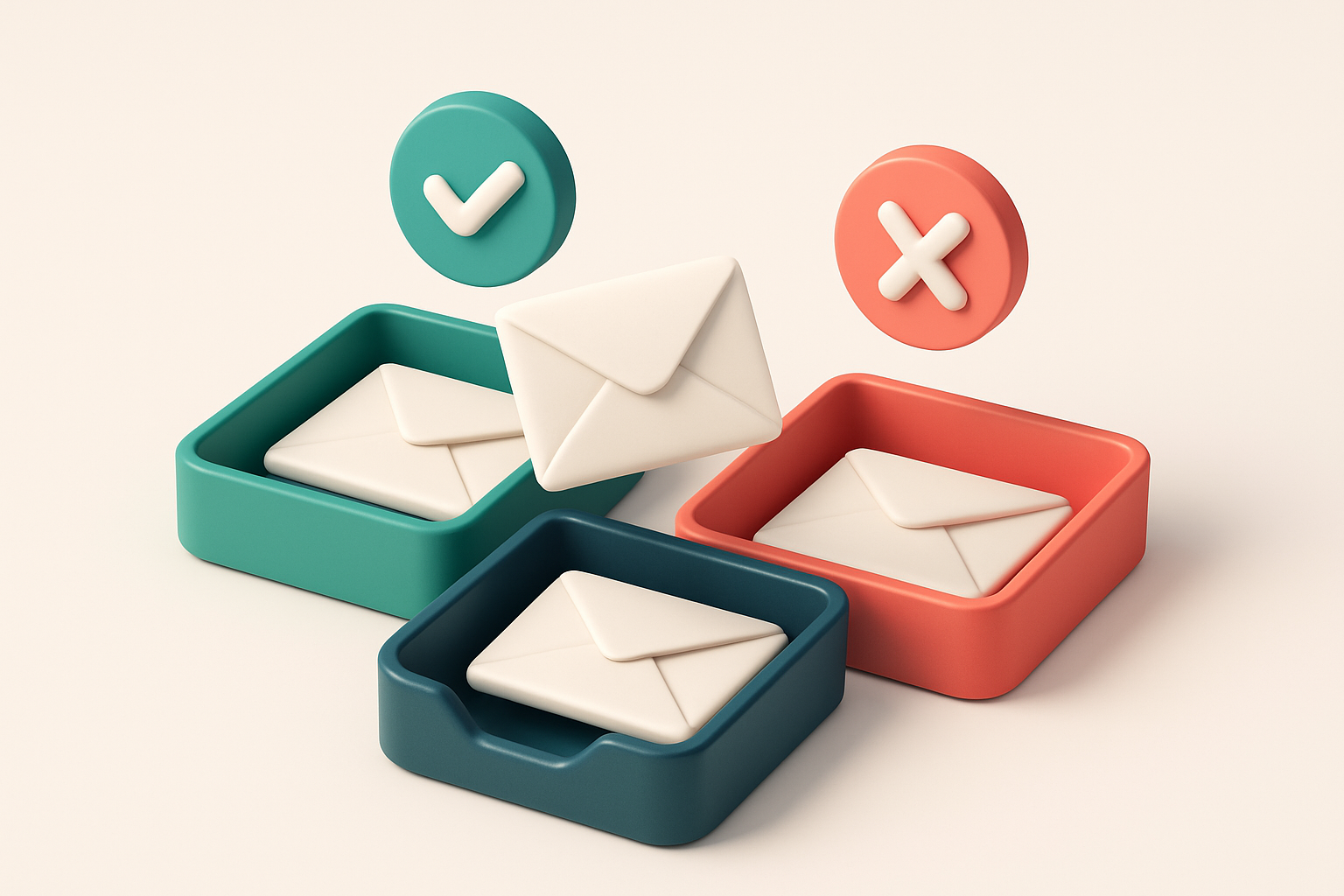 an isometric email inbox with envelopes being sorted into two trays: green 'valid' and red 'invalid', a checkmark labele