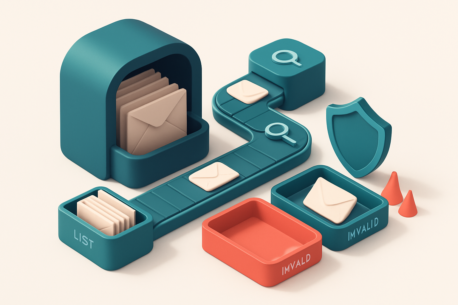 A 3D isometric illustration of a real estate dashboard with a large inbox containing stacks of envelopes, one green 'Val