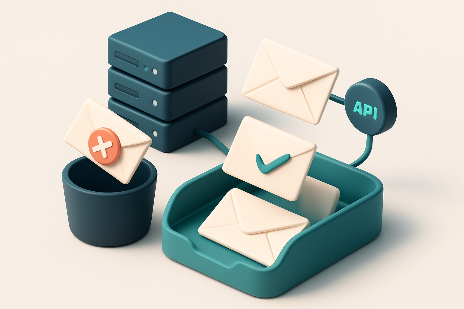 Hero: an isometric inbox containing envelopes of different sizes, with some marked with a red 'X' badge and falling into