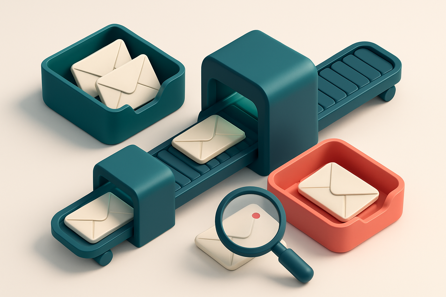 An isometric email inbox with envelopes being sorted onto a green 'valid' tray and a red 'invalid' tray, a conveyor belt