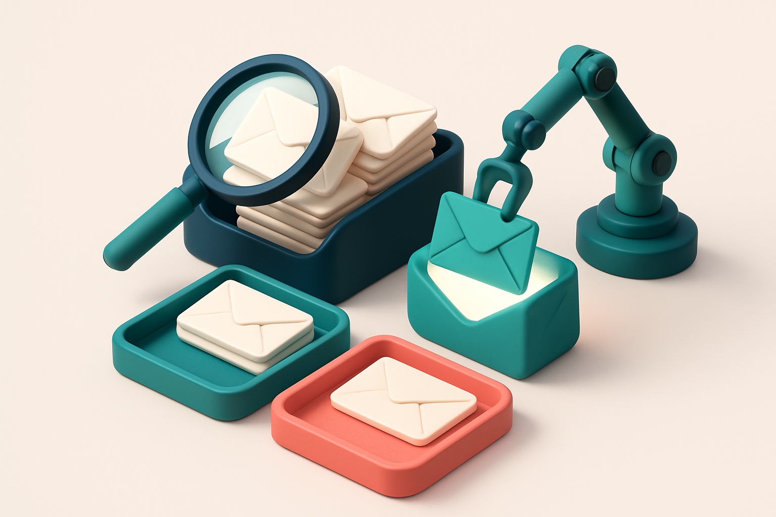 An isometric email inbox with envelopes being sorted onto a green 'valid' tray and a red 'invalid' tray, a magnifying gl