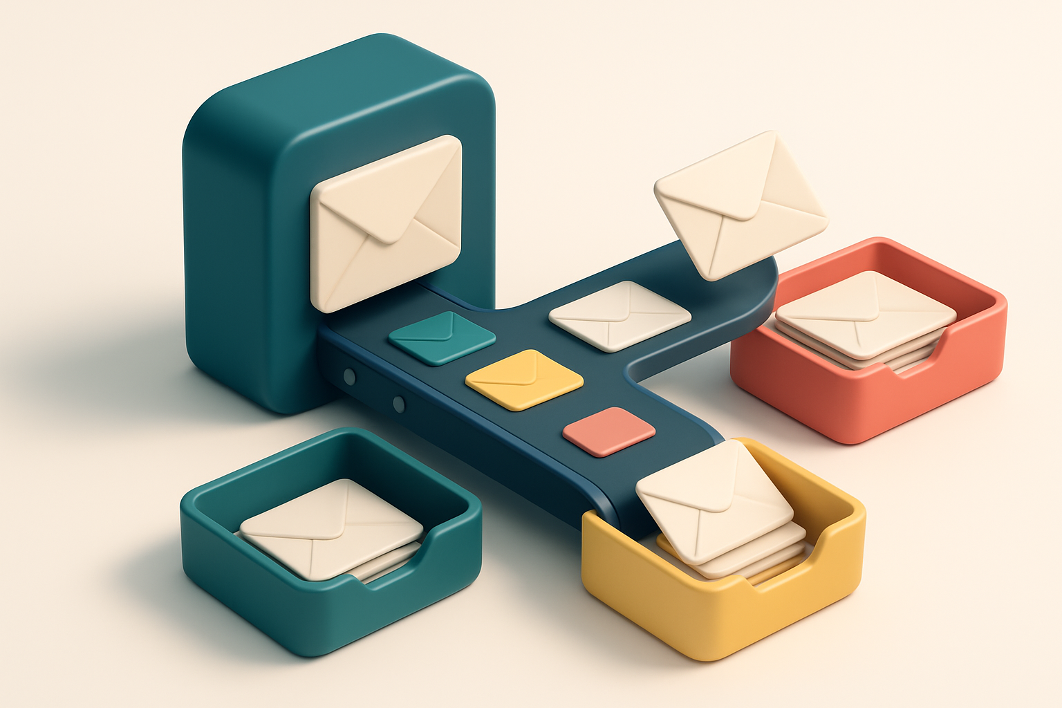 An isometric email inbox with a conveyor belt feeding in envelopes labeled 'valid', 'risky', 'invalid', and 'catch-all',