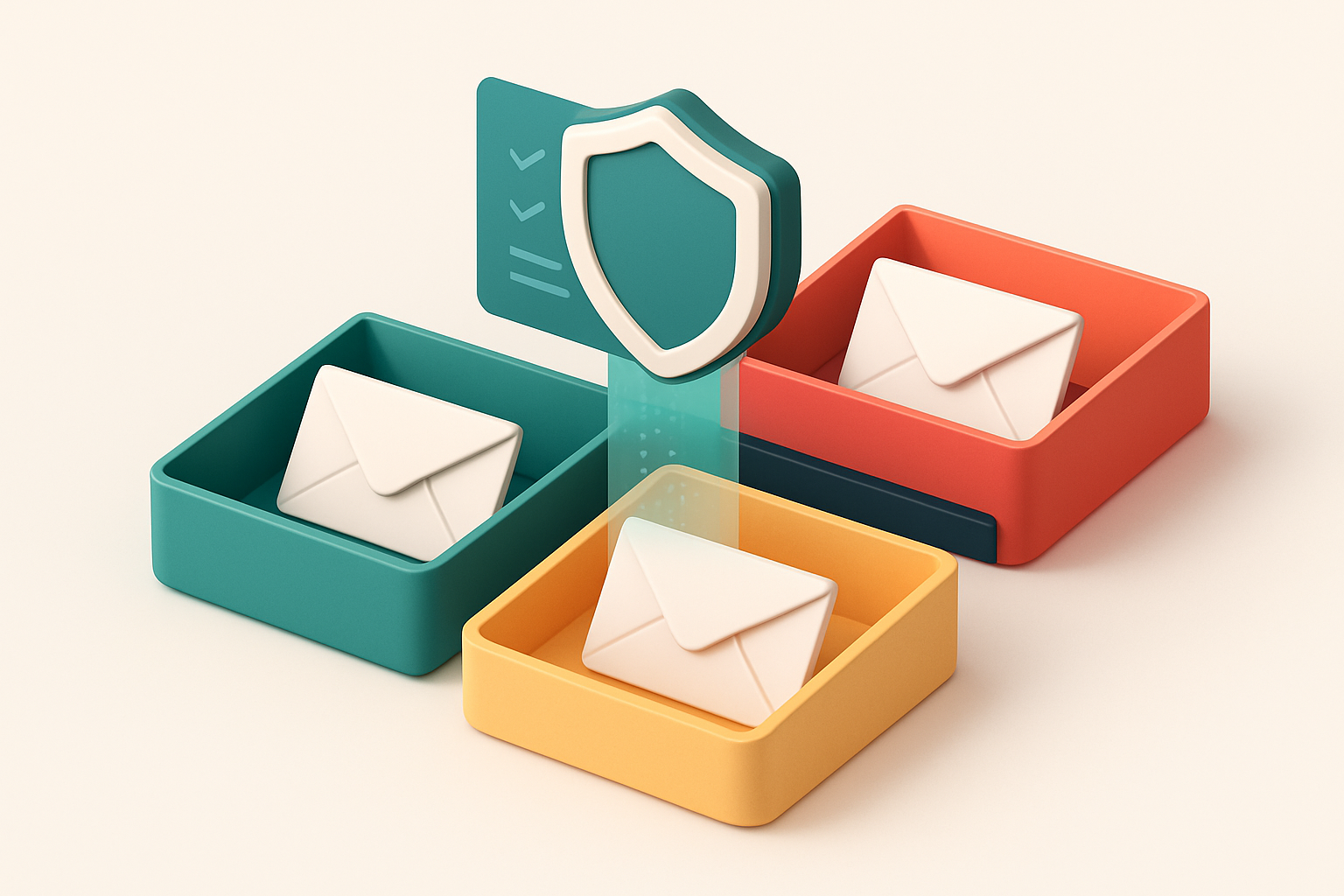 an isometric email inbox divided into three zones: a green 'valid' tray, a red 'invalid' tray, and a yellow 'risky' tray