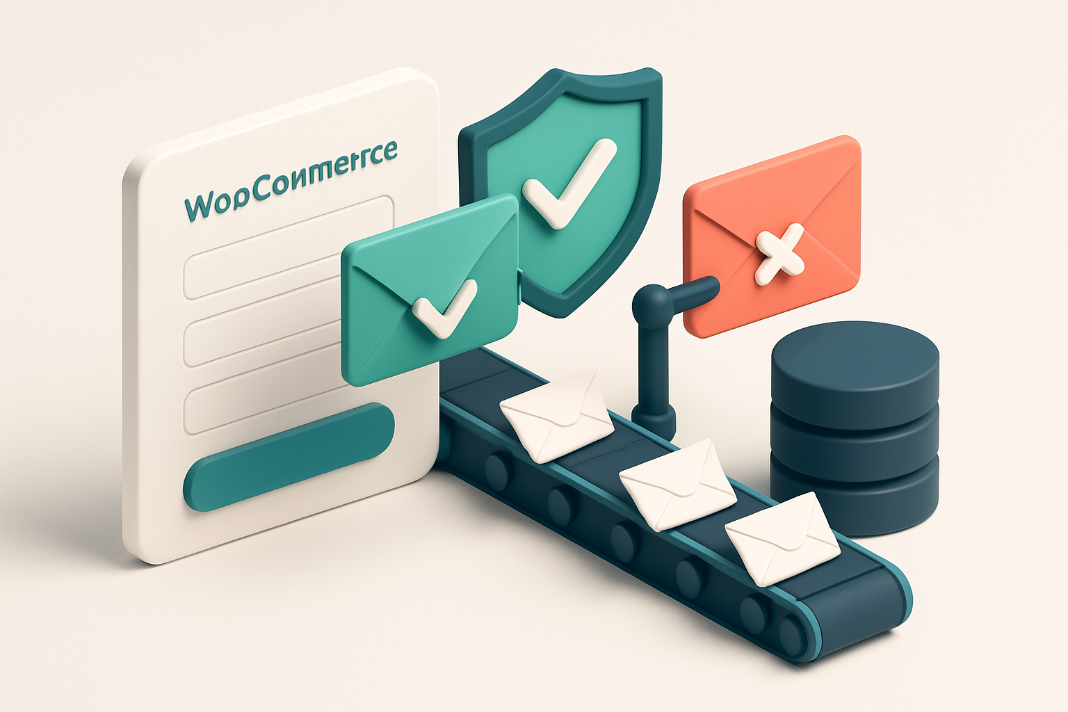 A 3D isometric illustration of a WooCommerce checkout form with a green 'valid' envelope passing through a shield labele