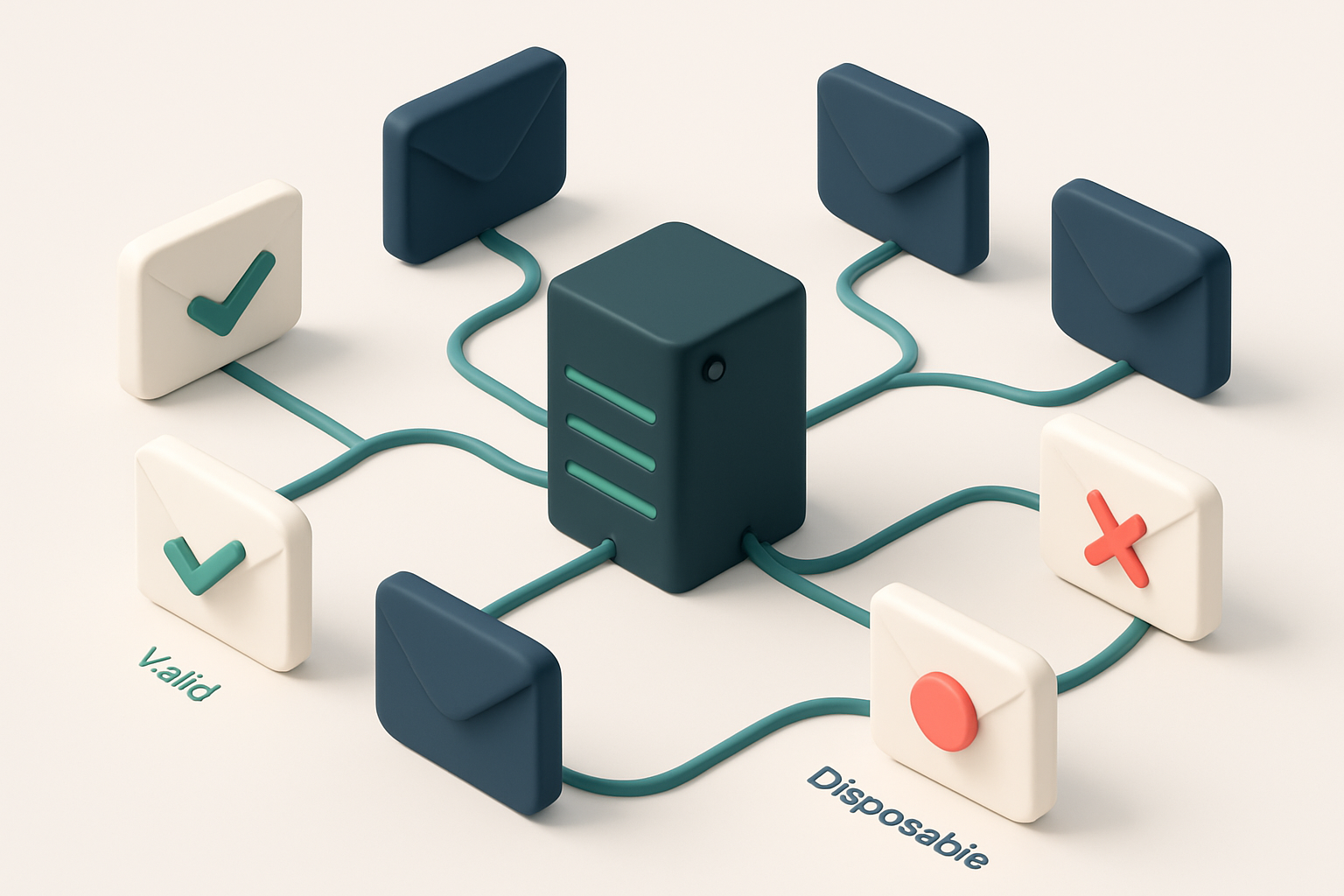 Hero: a 3D isometric view of a real estate referral dashboard with a network of interconnected envelopes labeled 'Valid'