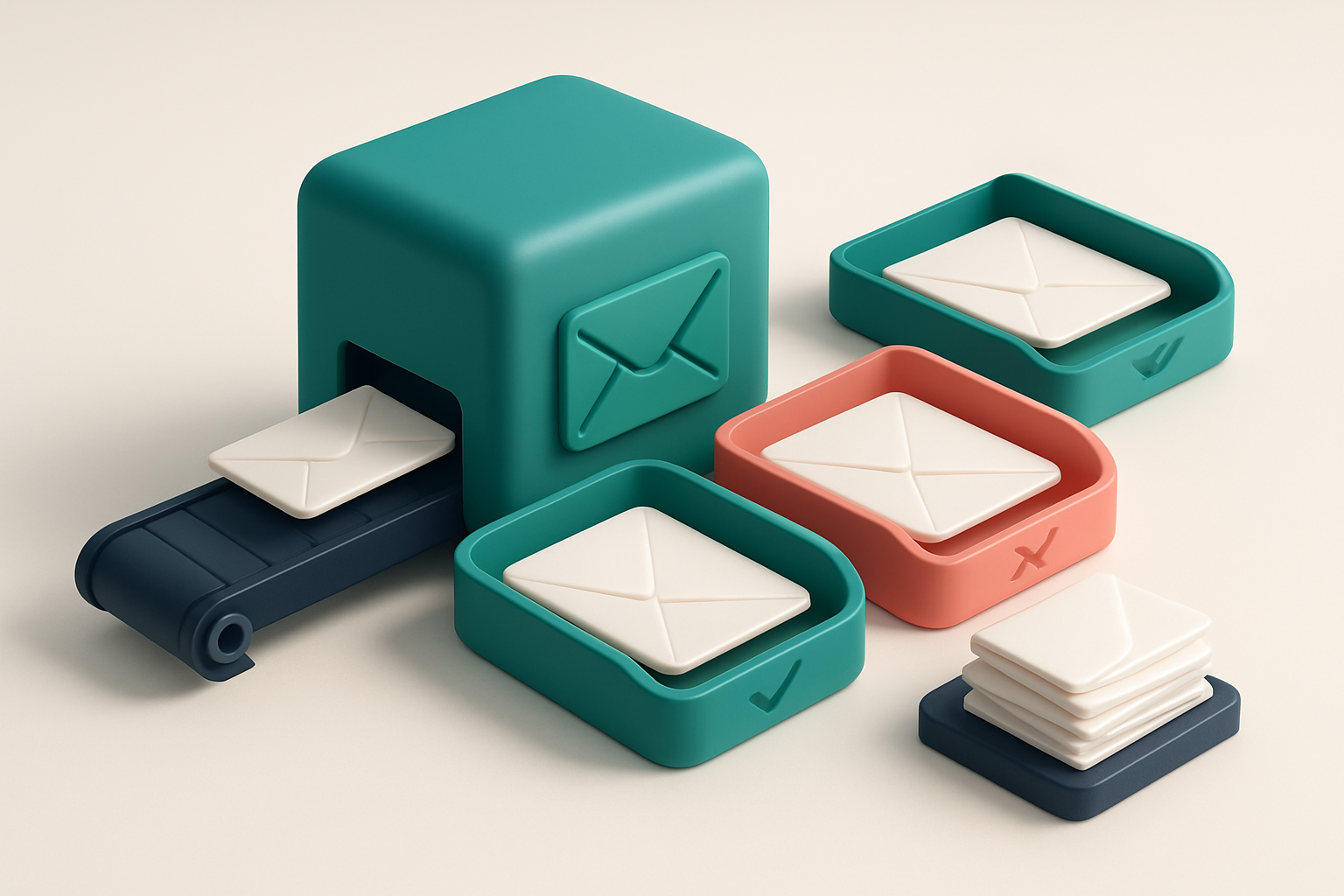 An isometric email inbox with envelopes being sorted onto a green 'valid' tray and a red 'invalid' tray, a conveyor belt