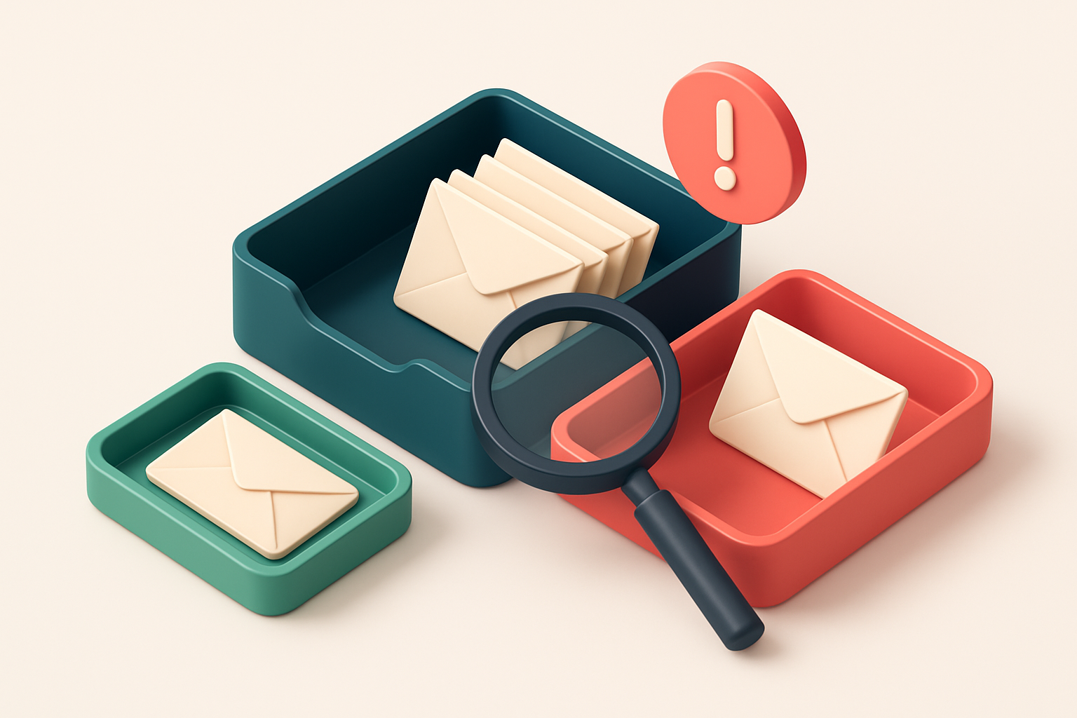 An isometric email inbox with envelopes being sorted onto a green 'valid' tray and a red 'invalid' tray, a magnifying gl