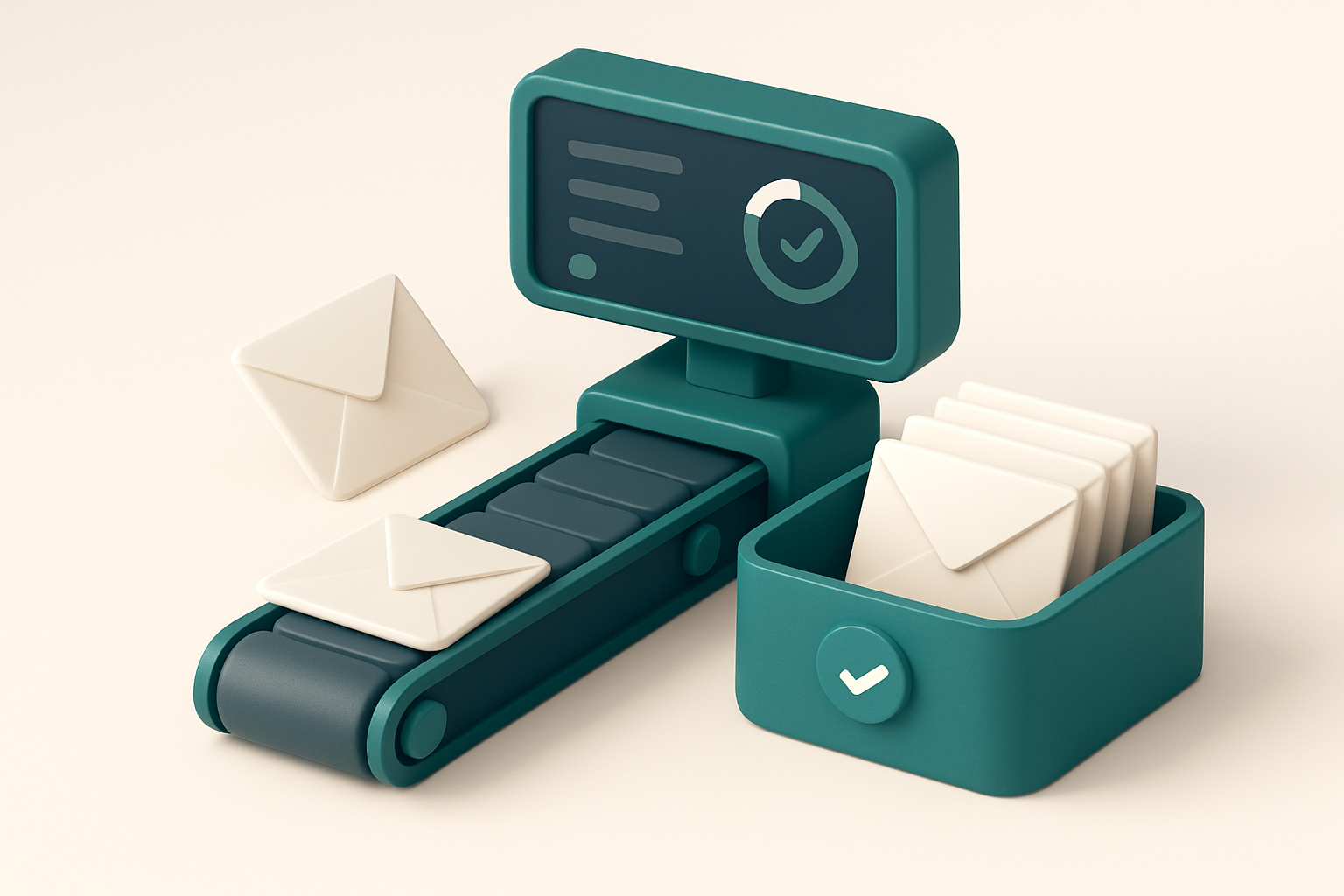 An isometric email inbox with a conveyor belt feeding envelopes into two trays: green 'valid' and red 'invalid'; a digit