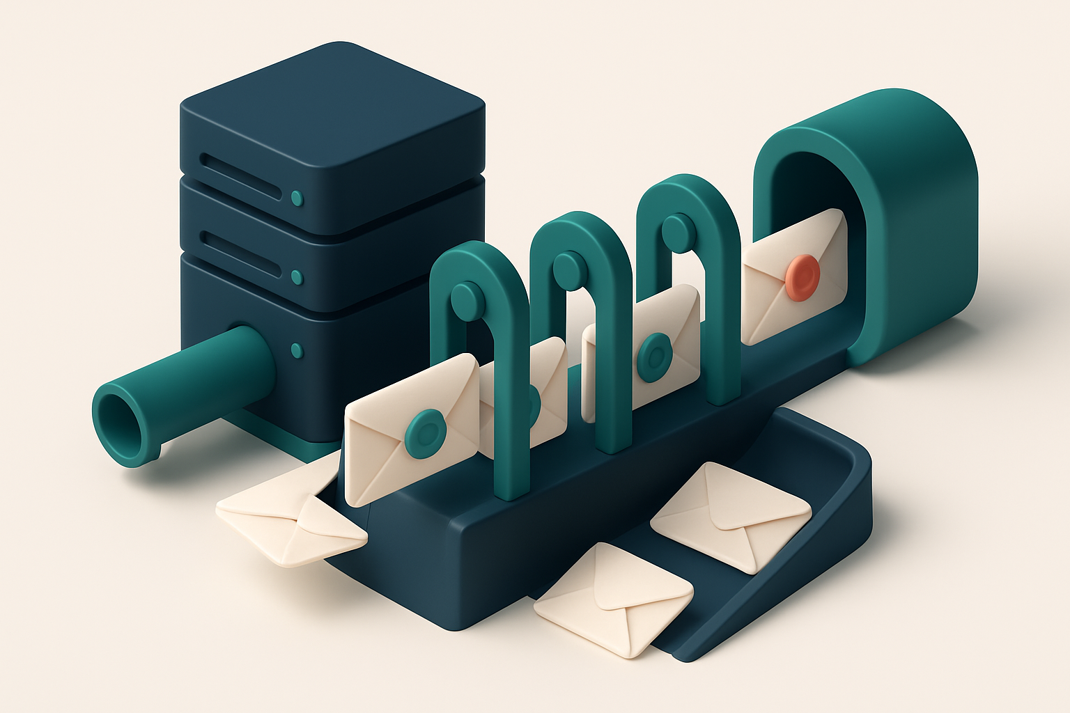 An isometric view of a 3D email server cluster with outgoing envelopes labeled 'SPF,' 'DKIM,' and 'DMARC' passing throug