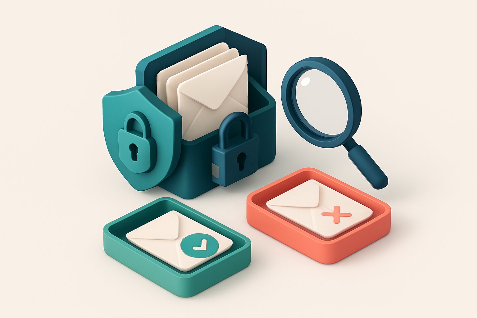 An isometric email inbox with envelopes being sorted onto a green 'valid' tray and a red 'invalid' tray, a magnifying gl