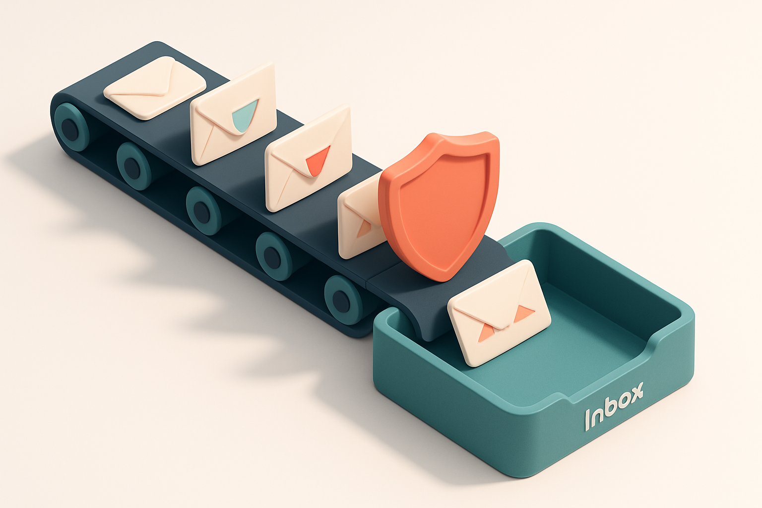 An isometric inbox with a conveyor belt feeding envelopes — some stamped 'Valid', others 'Invalid', 'Catch-All', or 'Ris
