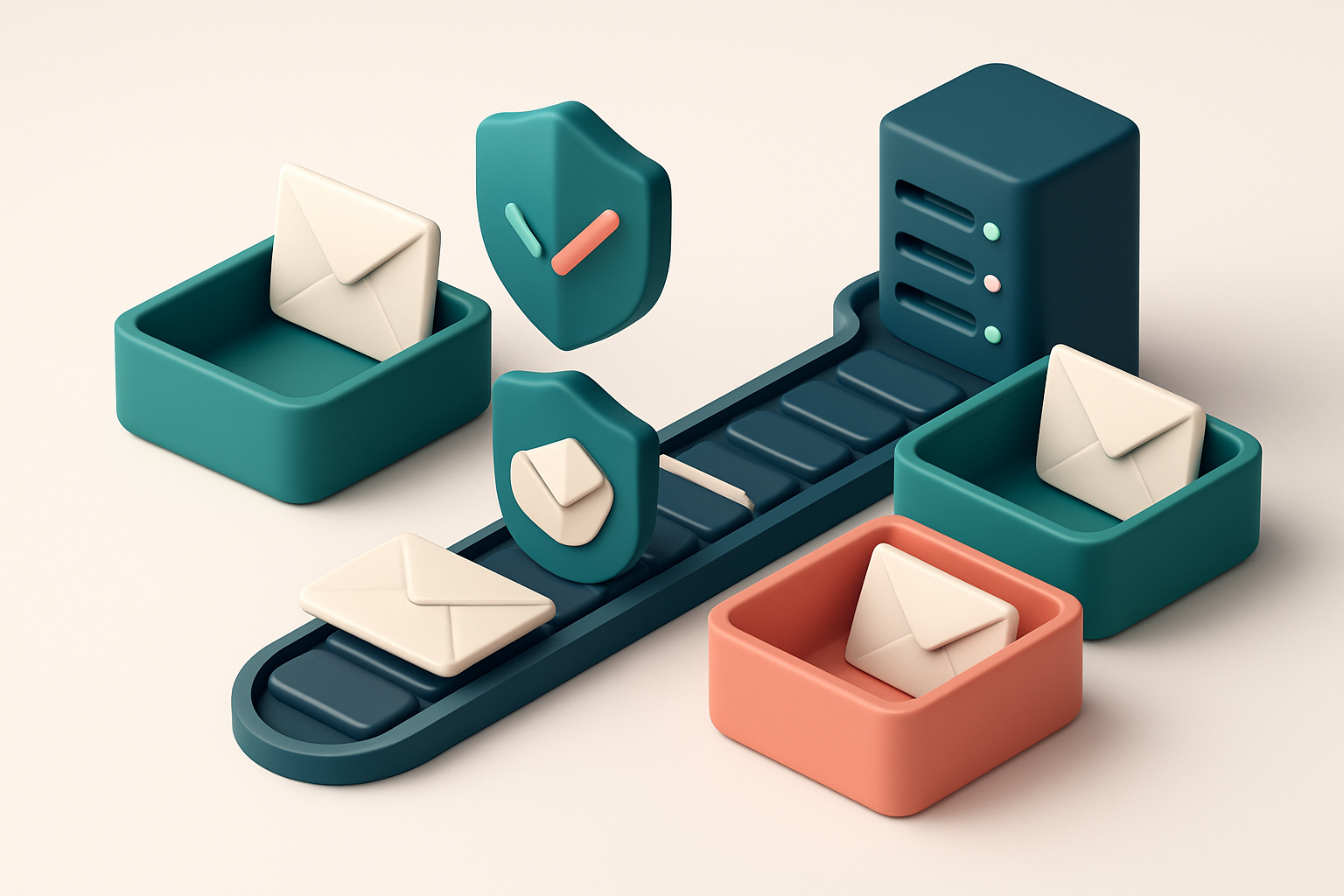 An isometric email inbox with envelopes labeled 'valid' and 'invalid' being sorted into green and red trays, a conveyor