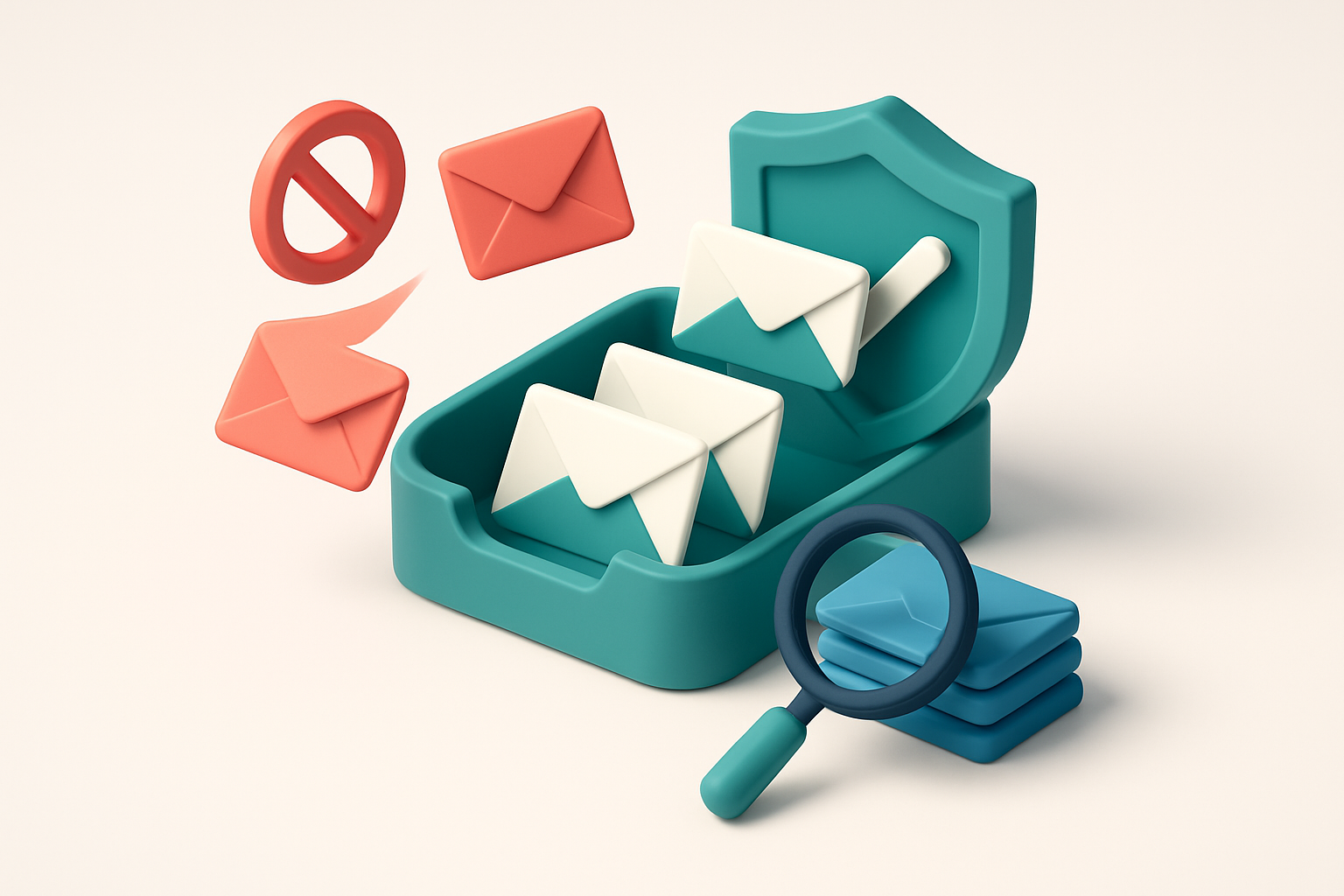 An isometric email inbox tray with green 'valid' envelopes being passed through a security shield, red 'invalid' envelop