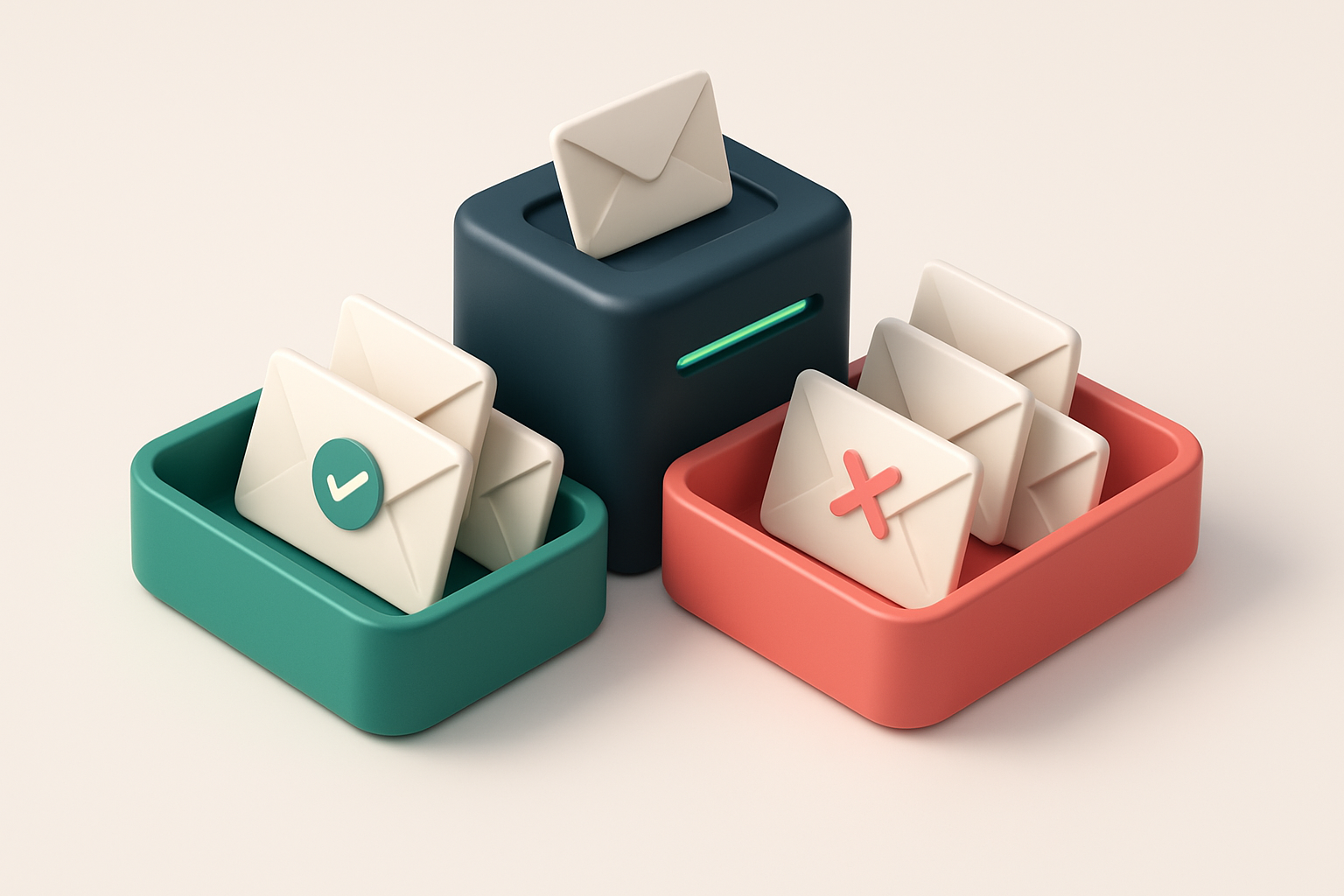 An isometric email inbox with envelopes sorted into two trays: a green 'Valid' tray and a red 'Invalid' tray, with a ser