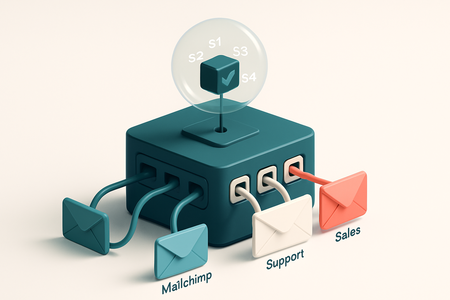 Hero: an isometric email server node with labeled ports, each connected to a different colored envelope labeled 'Mailchi