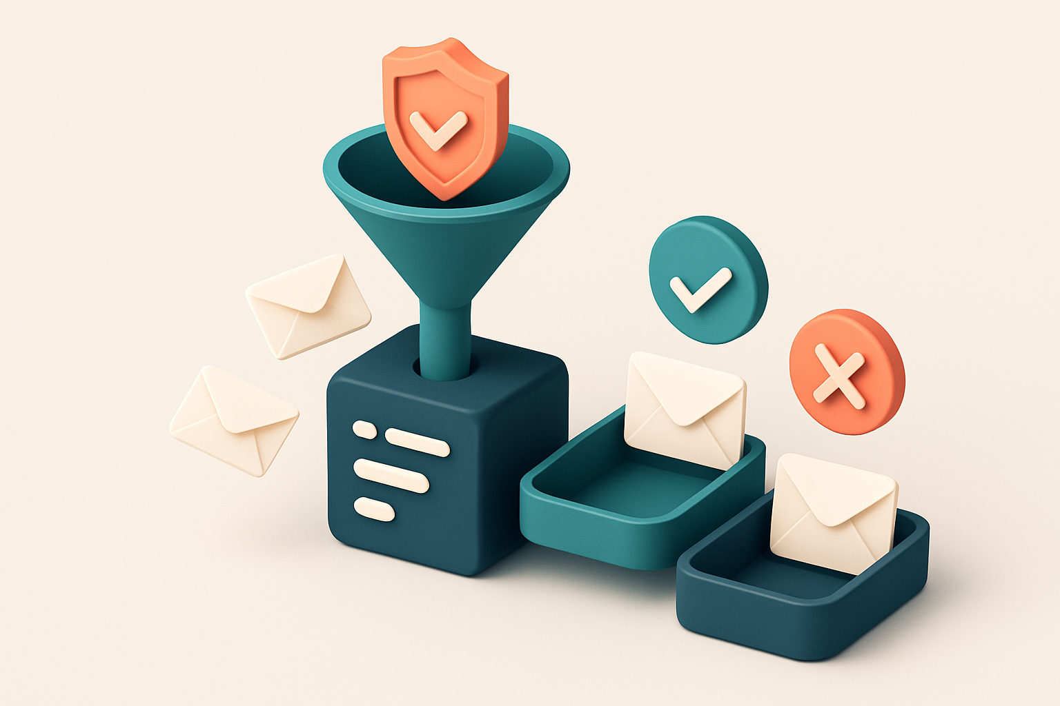 An isometric dashboard showing a funnel feeding into a CRM, with envelopes flowing into two trays: one labeled 'Valid' w