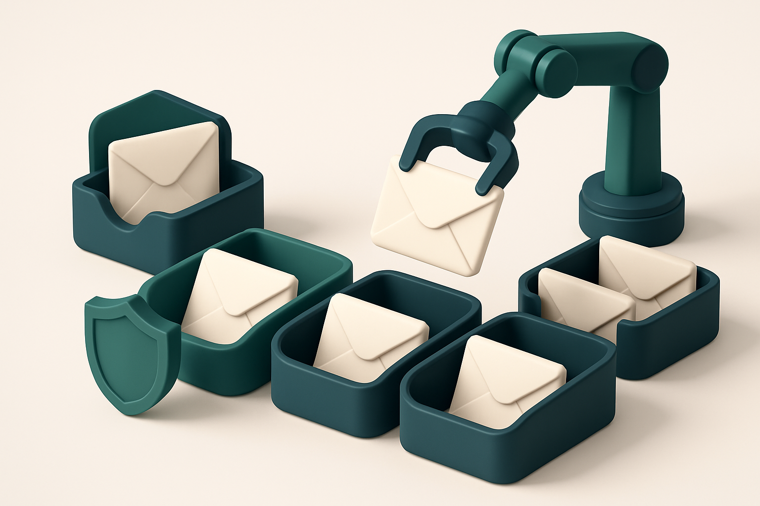 An isometric email inbox with envelopes labeled 'valid', 'invalid', 'catch-all', and 'risky' being sorted by a robotic a