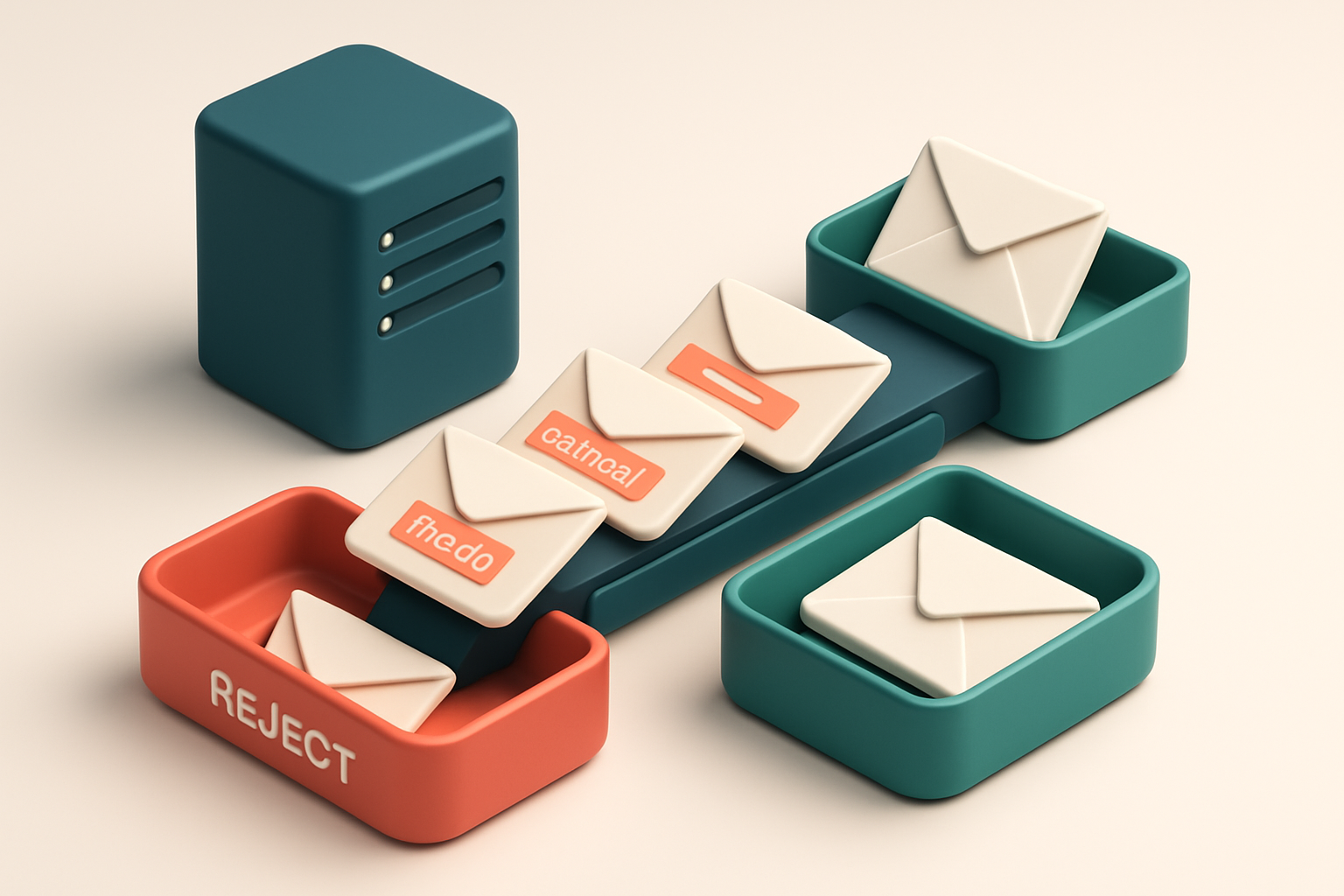 An isometric desktop with a stack of envelopes labeled 'invalid', 'catch-all', and 'risky' being filtered off a conveyor