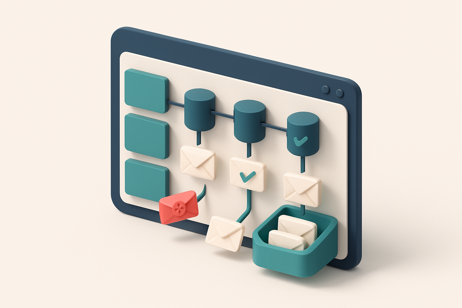 An isometric dashboard showing a multi-tenant SaaS platform with parallel email verification pipelines, each labeled wit