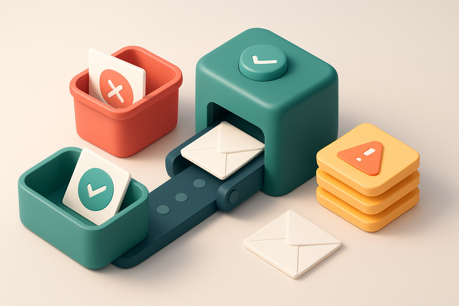 An isometric dashboard showing a green 'valid' inbox tray, a red 'invalid' bin, and a yellow 'risky' warning stack, with