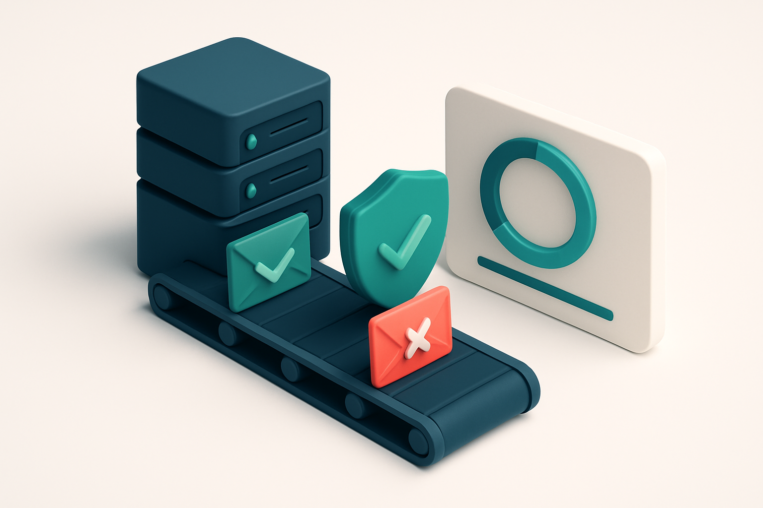 An isometric server rack with green 'verified' and red 'failed' email envelopes being pulled through a conveyor belt, a